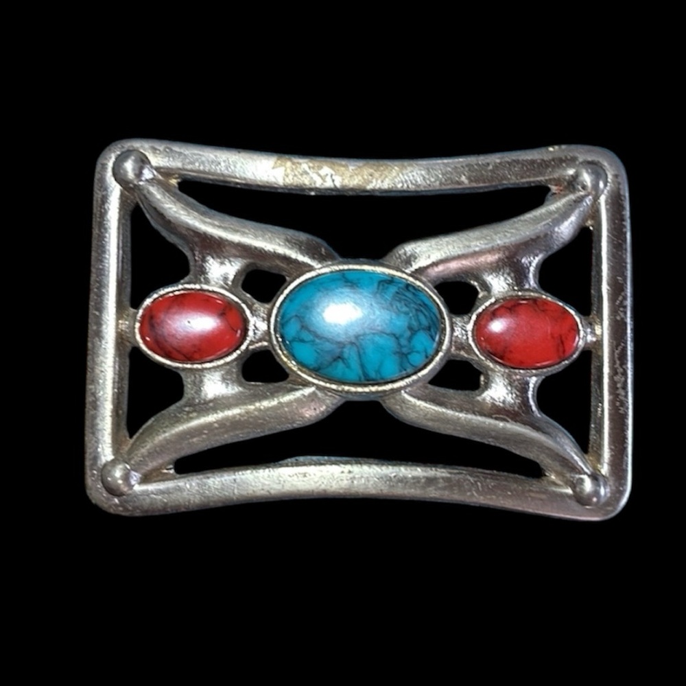 Vintage Turquoise & Coral Stone Silver Belt Buckle